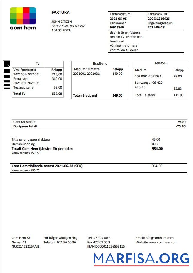 Blank Sweden Com Hem utility bill template in Word and PDF format